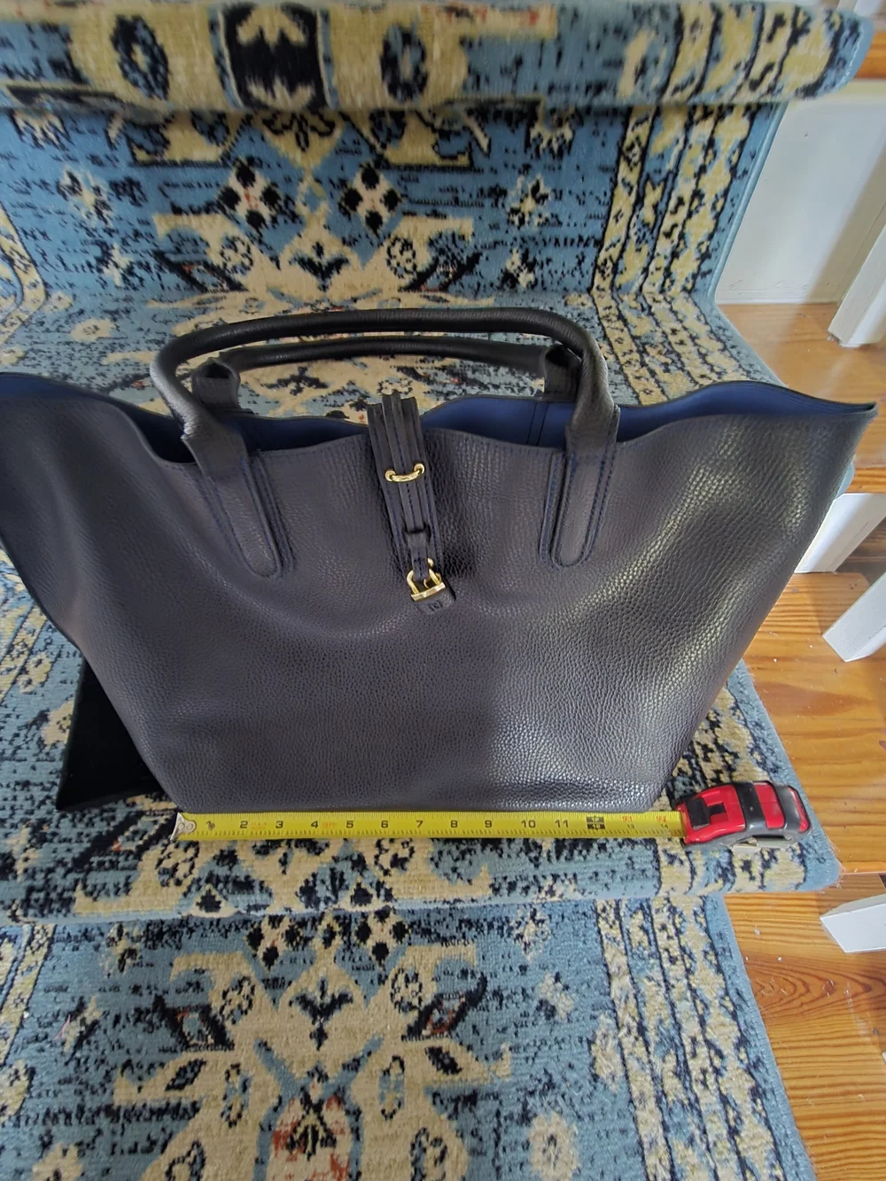 Women's Black (PVC That Feels Like Leather) Tote Bag with Blue Interior